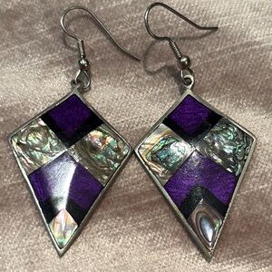 Vintage Purple Silver Art Deco Earrings Inlay Abalone Mexico 2”